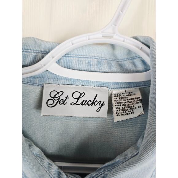 Get Lucky Boots Horse Shoes Novelty Denim Feminine Country Western Shirt L - Picture 5 of 6